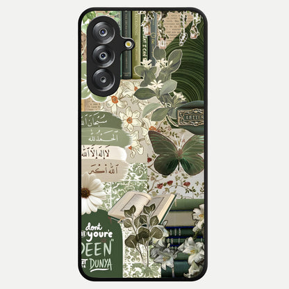 Green Islamic Books Quotes Glass Case showing flat back view with Islamic quotes and book themed artwork and glossy glass finish.