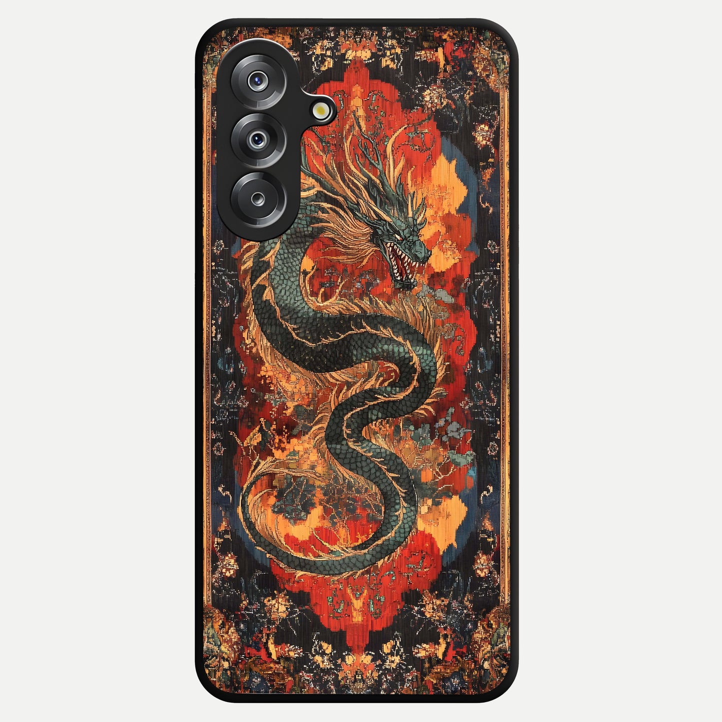 Inferno Dragon Soul Glass Case showing flat back view with fiery dragon artwork and glossy glass finish.