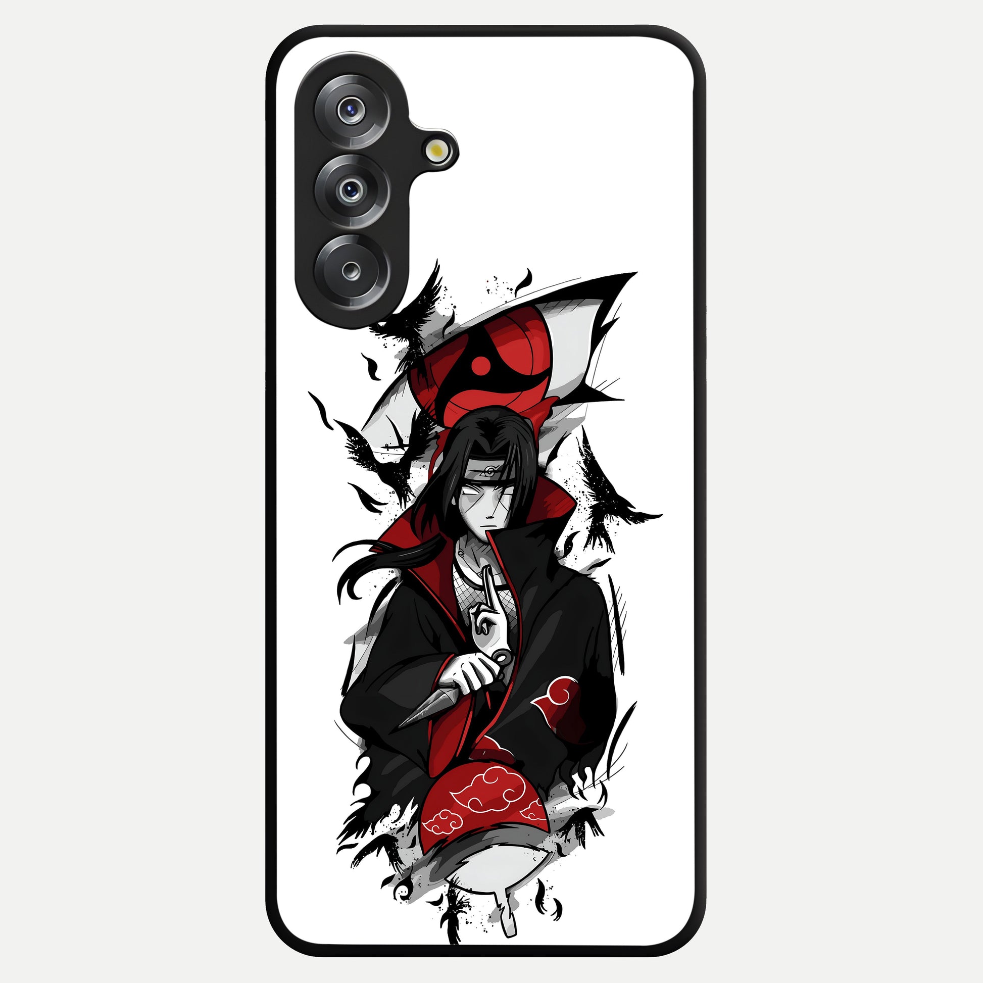 Itachi Sharingan Glass Case showing flat back view with powerful anime eye artwork and glossy glass finish.