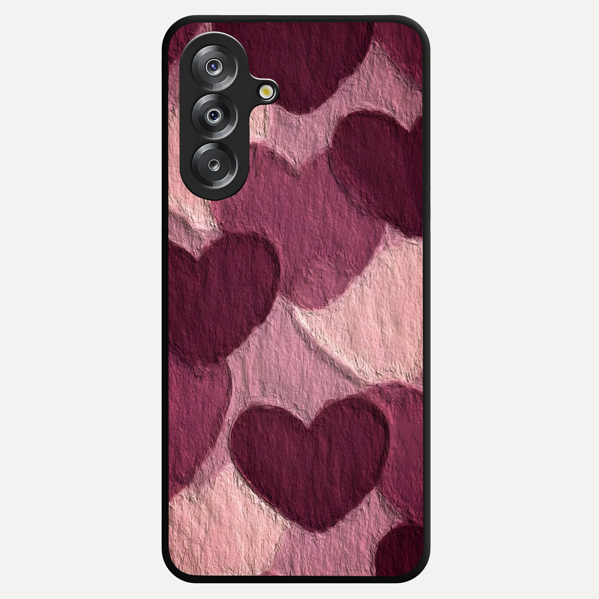 Layered Paper Hearts Glass Case showing flat back view with layered paper heart artwork and glossy glass finish.