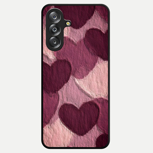 Layered Paper Hearts Glass Case showing flat back view with layered paper heart artwork and glossy glass finish.