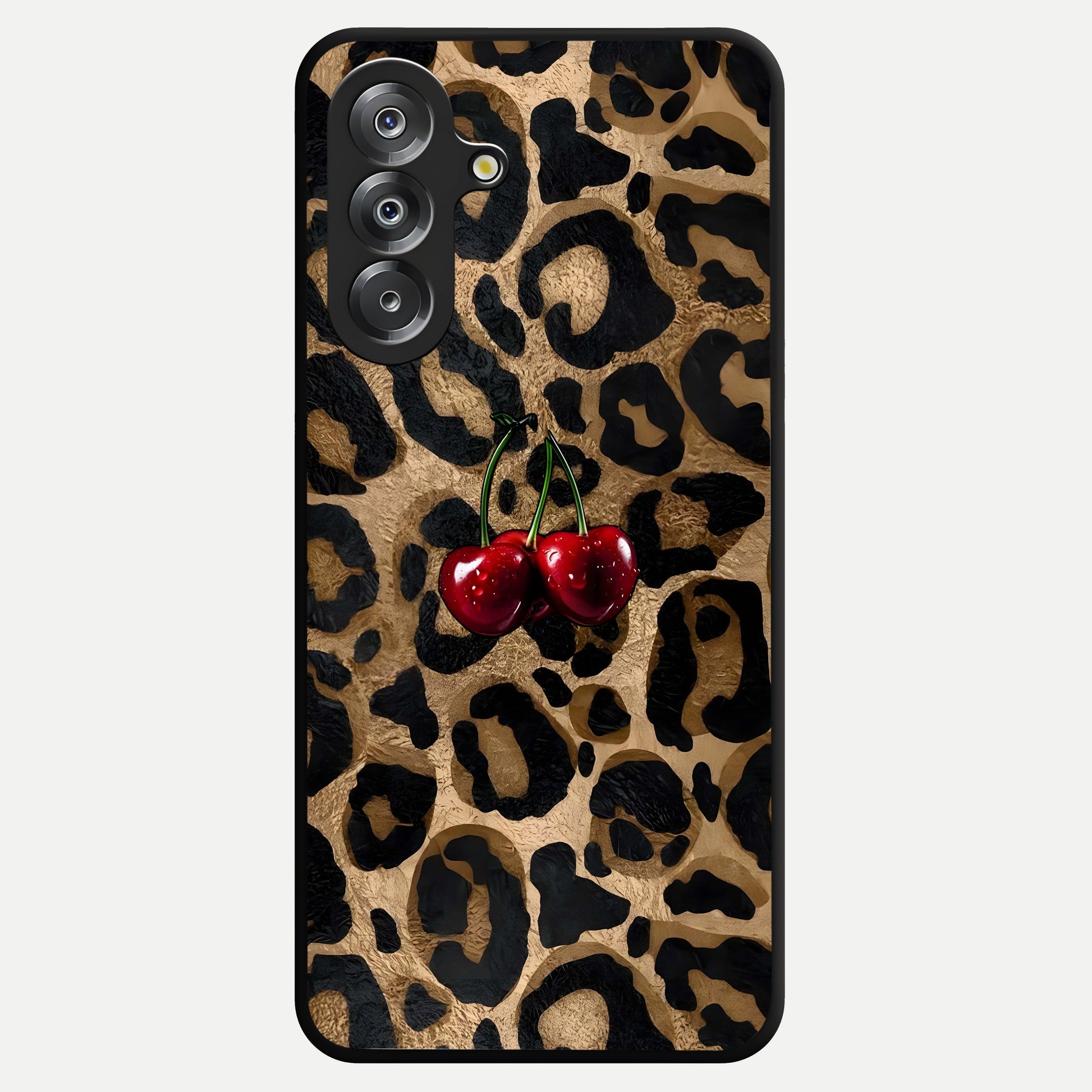 Leopard Wild Cherry Glass Case showing flat back view with leopard pattern and cherry artwork and glossy glass finish.