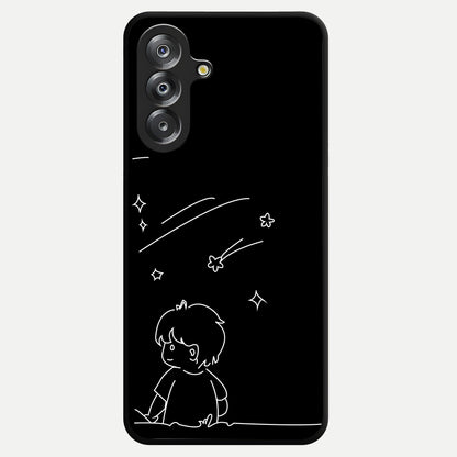 Line Art Boy With Shooting Stars Glass Case showing flat back view with minimal line art boy and shooting stars illustration and glossy glass finish.