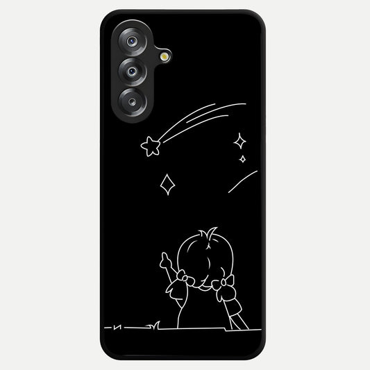 Line Art Girl With Shooting Stars Glass Case showing flat back view with minimal line art girl and shooting stars illustration and glossy glass finish.