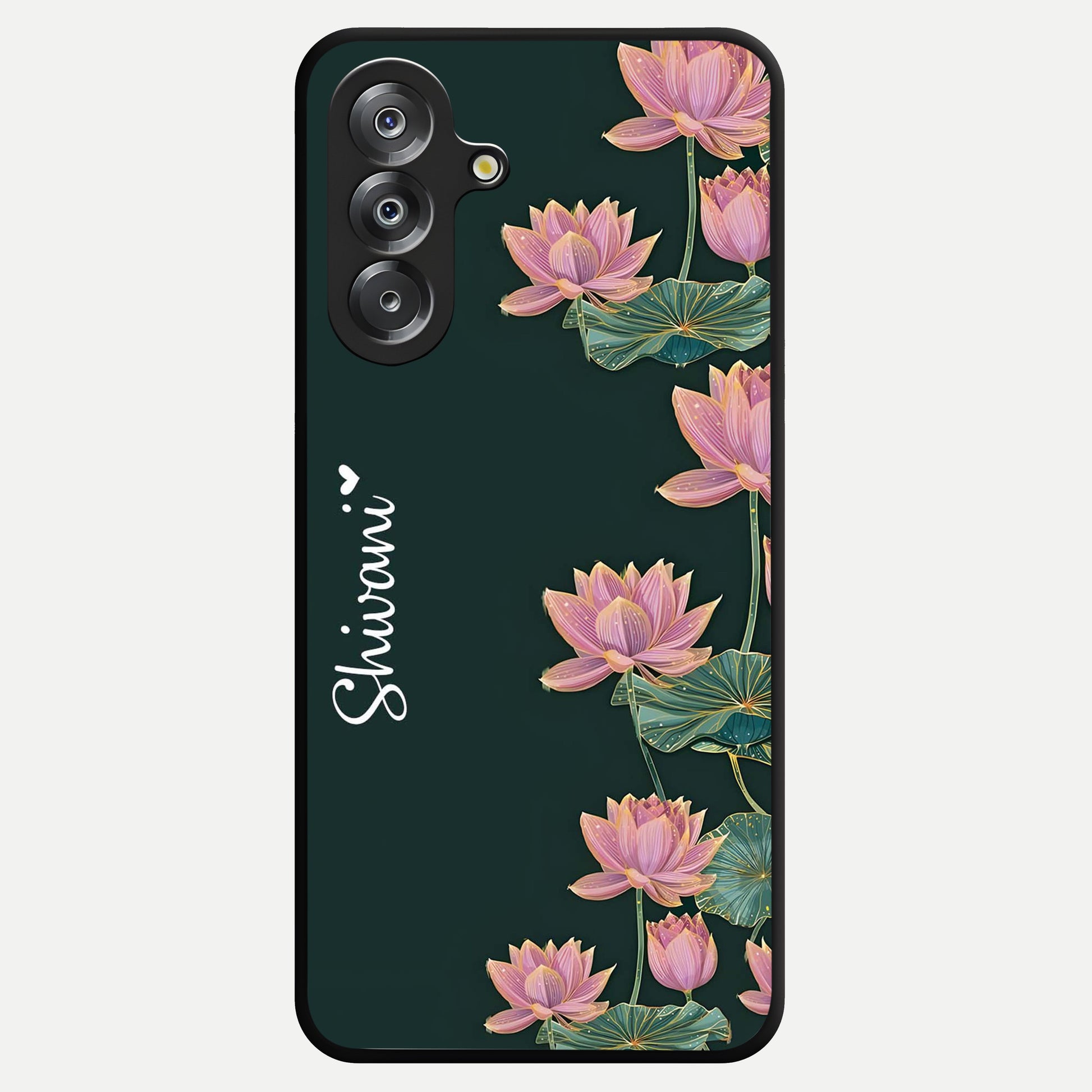 Lotus Bloom Serenity Custom Name Glass Case showing flat back view with elegant lotus flower artwork and personalized name design.