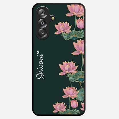 Lotus Bloom Serenity Custom Name Glass Case showing flat back view with elegant lotus flower artwork and personalized name design.