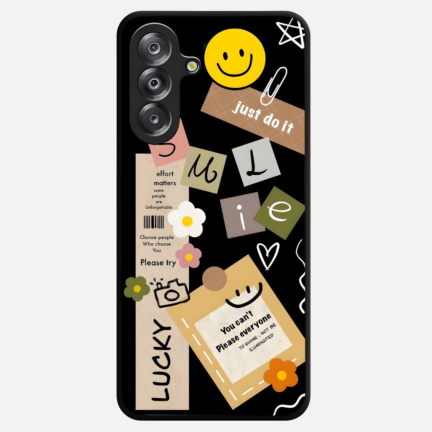 Lucky Aesthetic Collage Glass Case showing flat back view with trendy aesthetic collage artwork and glossy glass finish.