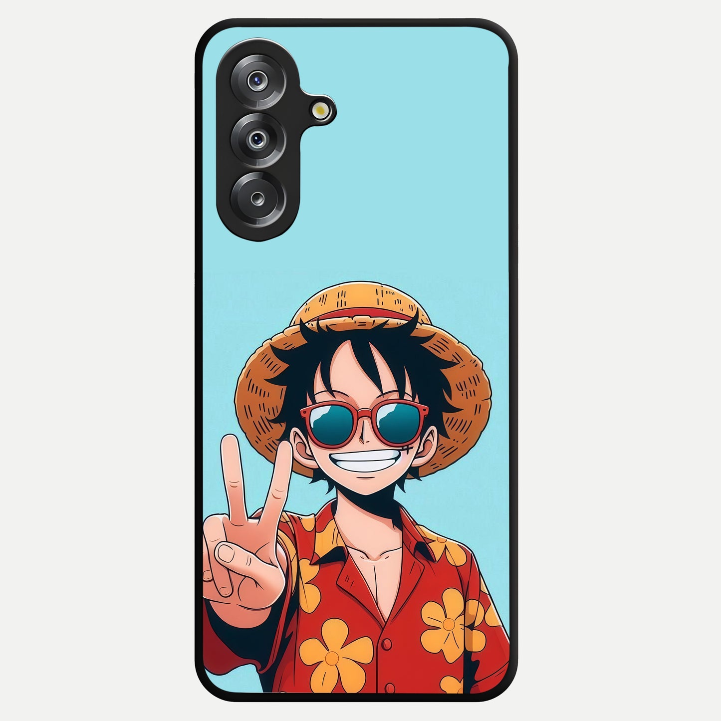 Luffy Summer Anime Vibe Glass Case showing flat back view with vibrant anime character artwork and glossy glass finish.