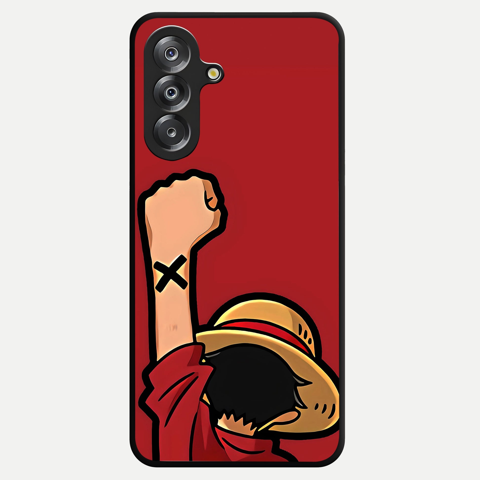 Luffy X Spirit Glass Case showing flat back view with bold anime character artwork and glossy glass finish.