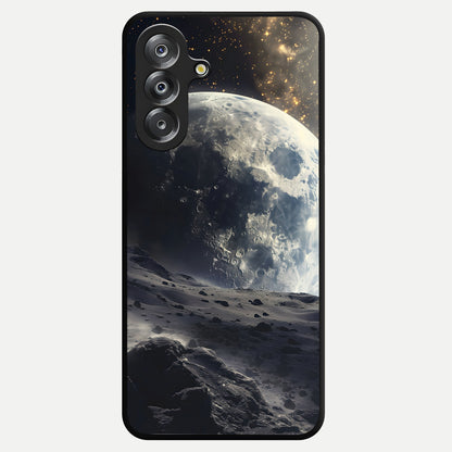 Lunar Horizon Glow Glass Case showing flat back view with glowing moon horizon artwork and glossy glass finish.