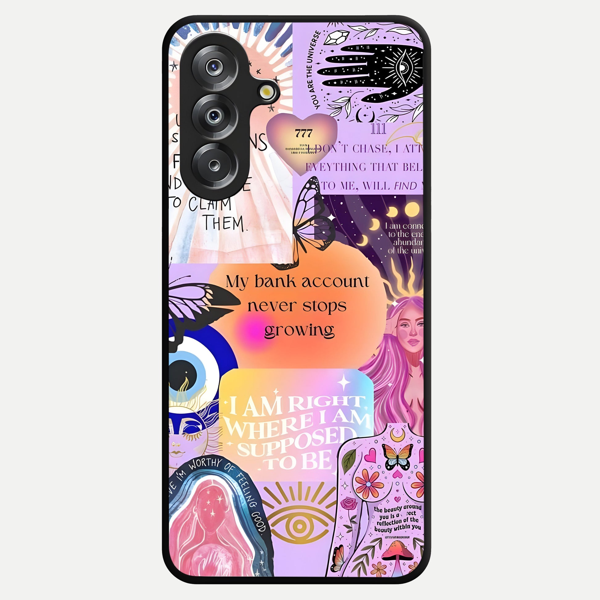 Manifestation Collage Glass Case showing flat back view with motivational collage artwork and glossy glass finish.