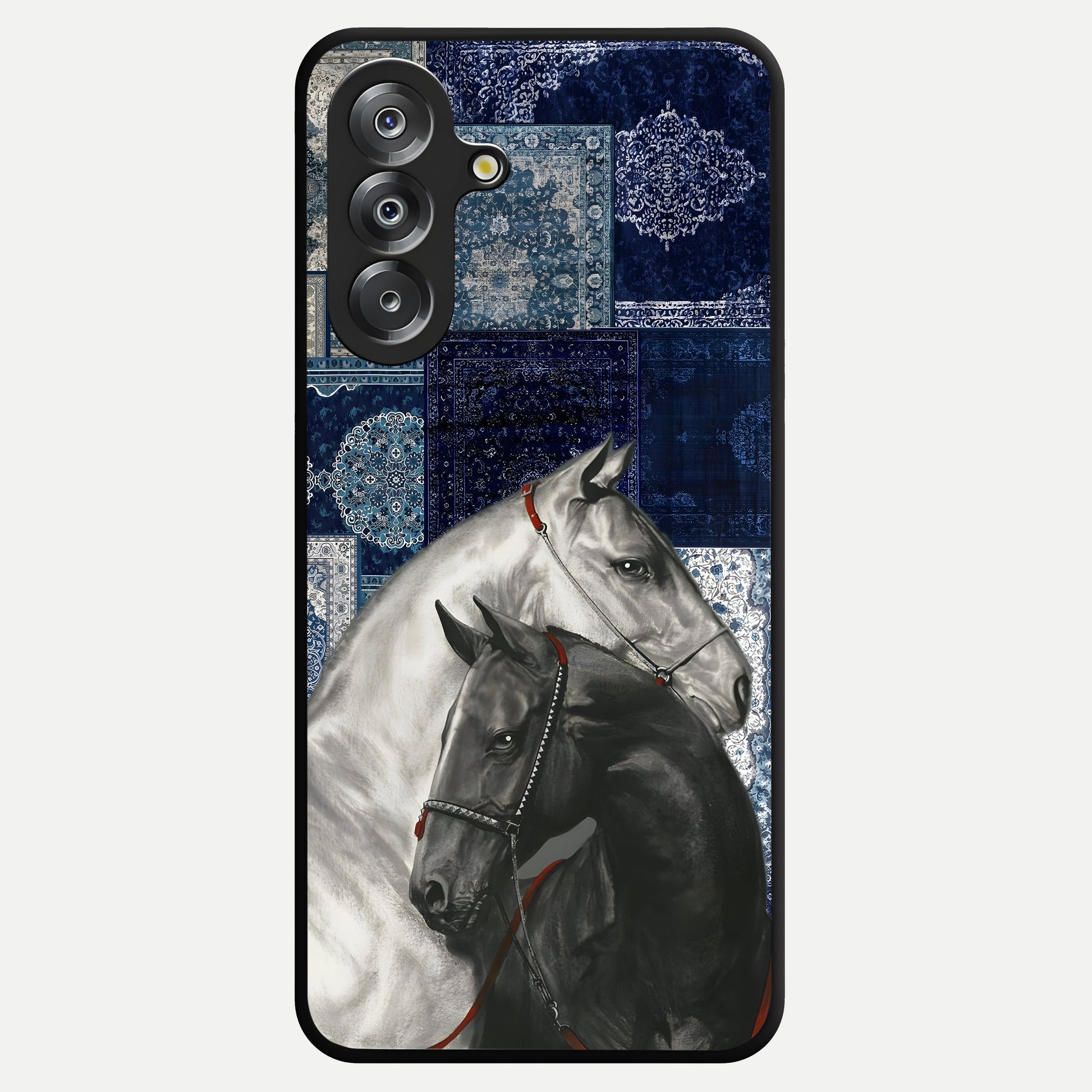 Midnight Stallion Blues Glass Case showing flat back view with majestic horse artwork and glossy glass finish.