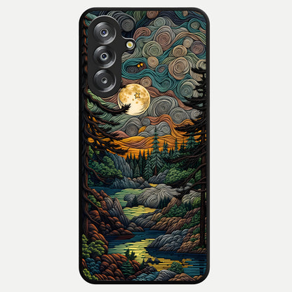 Moonlight Forest Dream Glass Case showing flat back view with mystical forest moonlight artwork and glossy glass finish.
