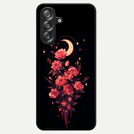Moonlit Floral Elegance Glass Case showing flat back view with elegant floral artwork under moonlit tones and glossy glass finish.