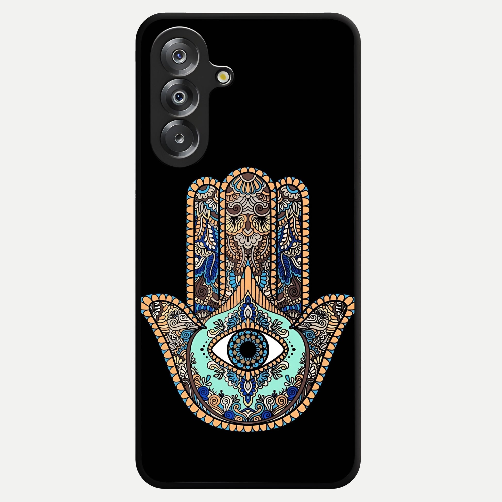 Mystic Hamsa Eye Glass Case showing flat back view with protective hamsa hand and evil eye artwork and glossy glass finish.