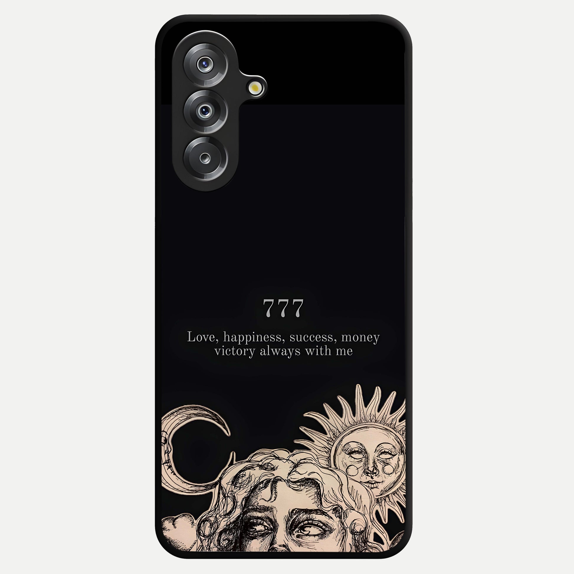 Mystic Victory Aura Glass Case showing flat back view with victory symbol artwork and glossy glass finish.