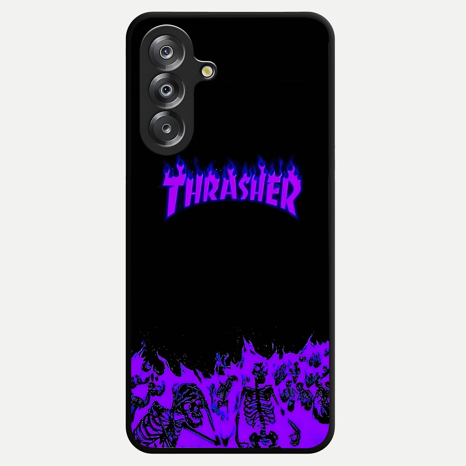 Neon Flame Riot Glass Case showing flat back view with neon flame artwork and glossy glass finish.