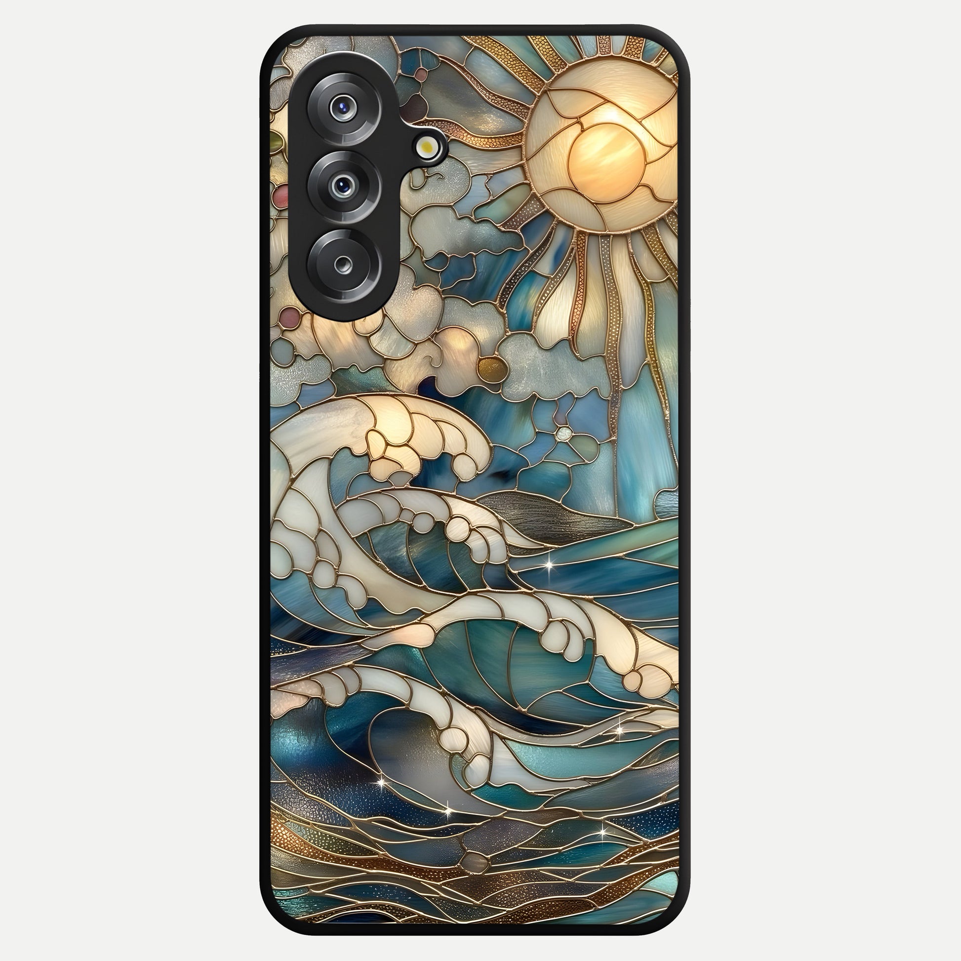Oceanic Stained Printed Glass Case showing flat back view with ocean inspired stained pattern artwork and glossy glass finish.