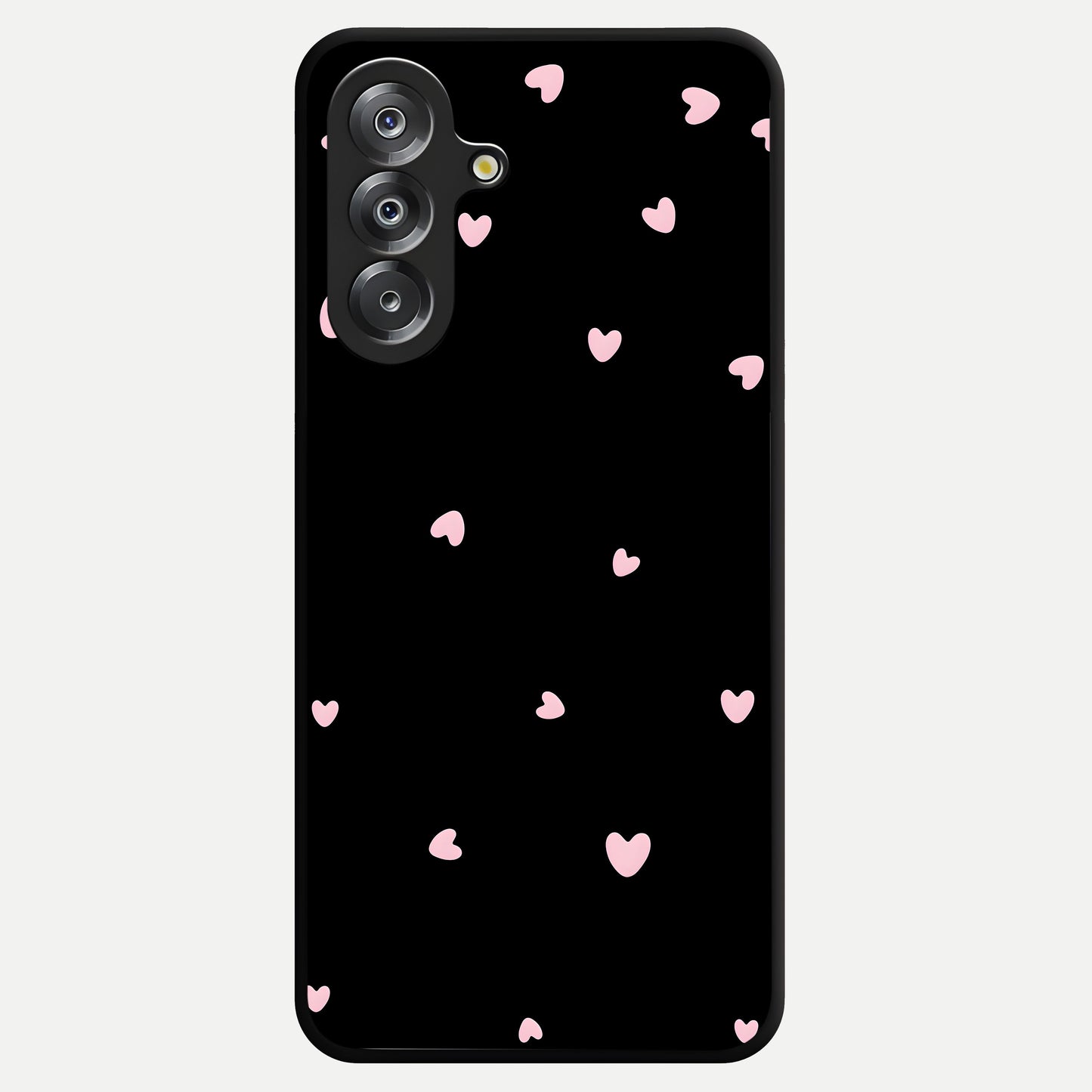 Pink Love Drops Glass Case showing flat back view with playful pink heart drops artwork and glossy glass finish.