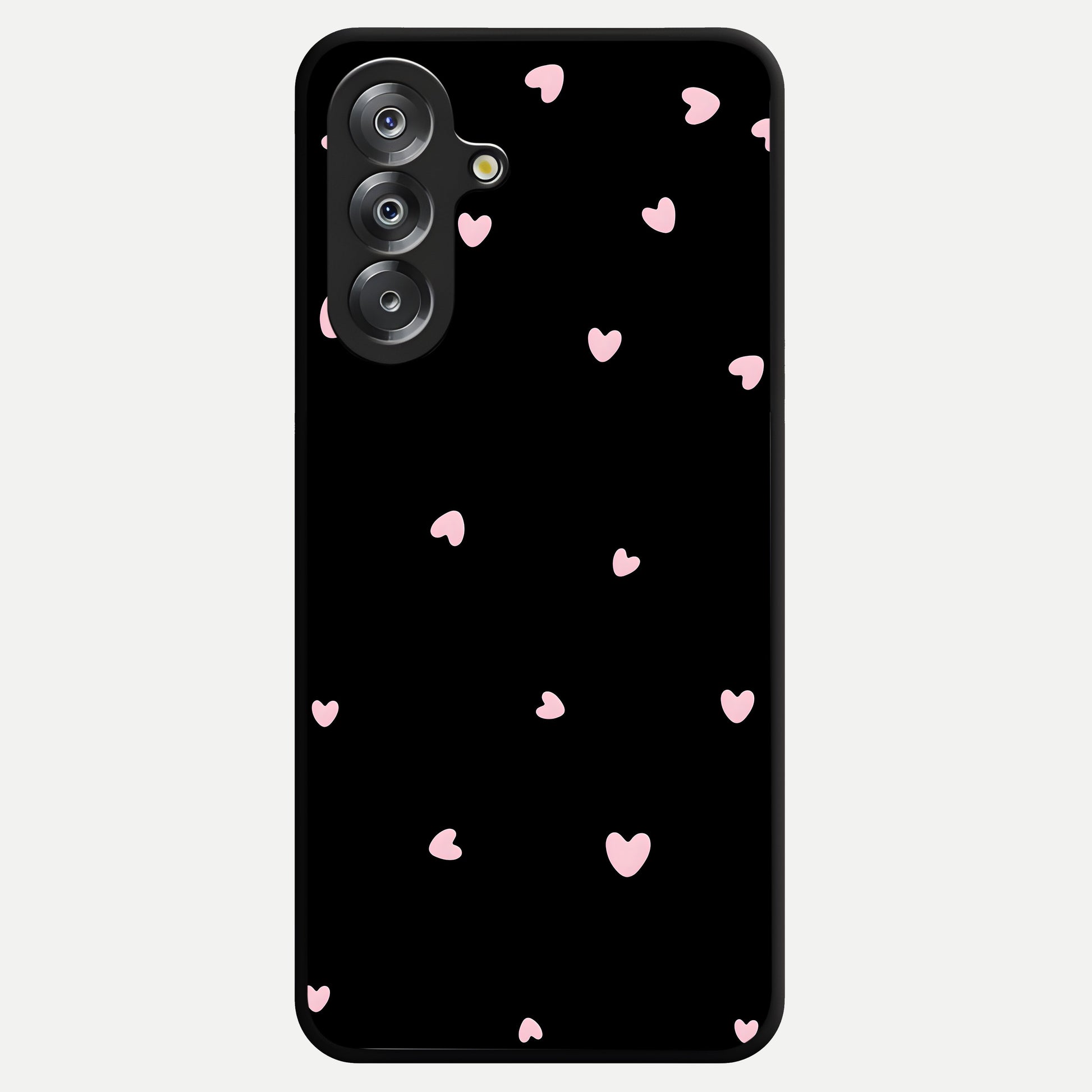Pink Love Drops Glass Case showing flat back view with playful pink heart drops artwork and glossy glass finish.