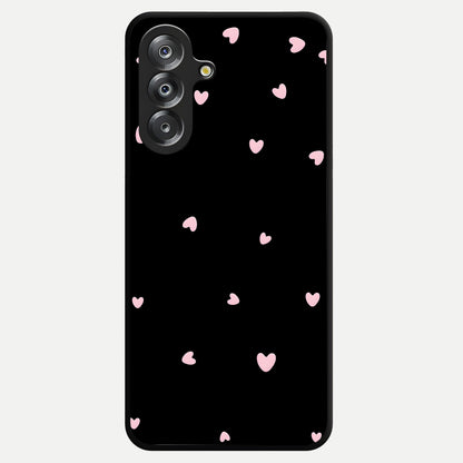 Pink Love Drops Glass Case showing flat back view with playful pink heart drops artwork and glossy glass finish.