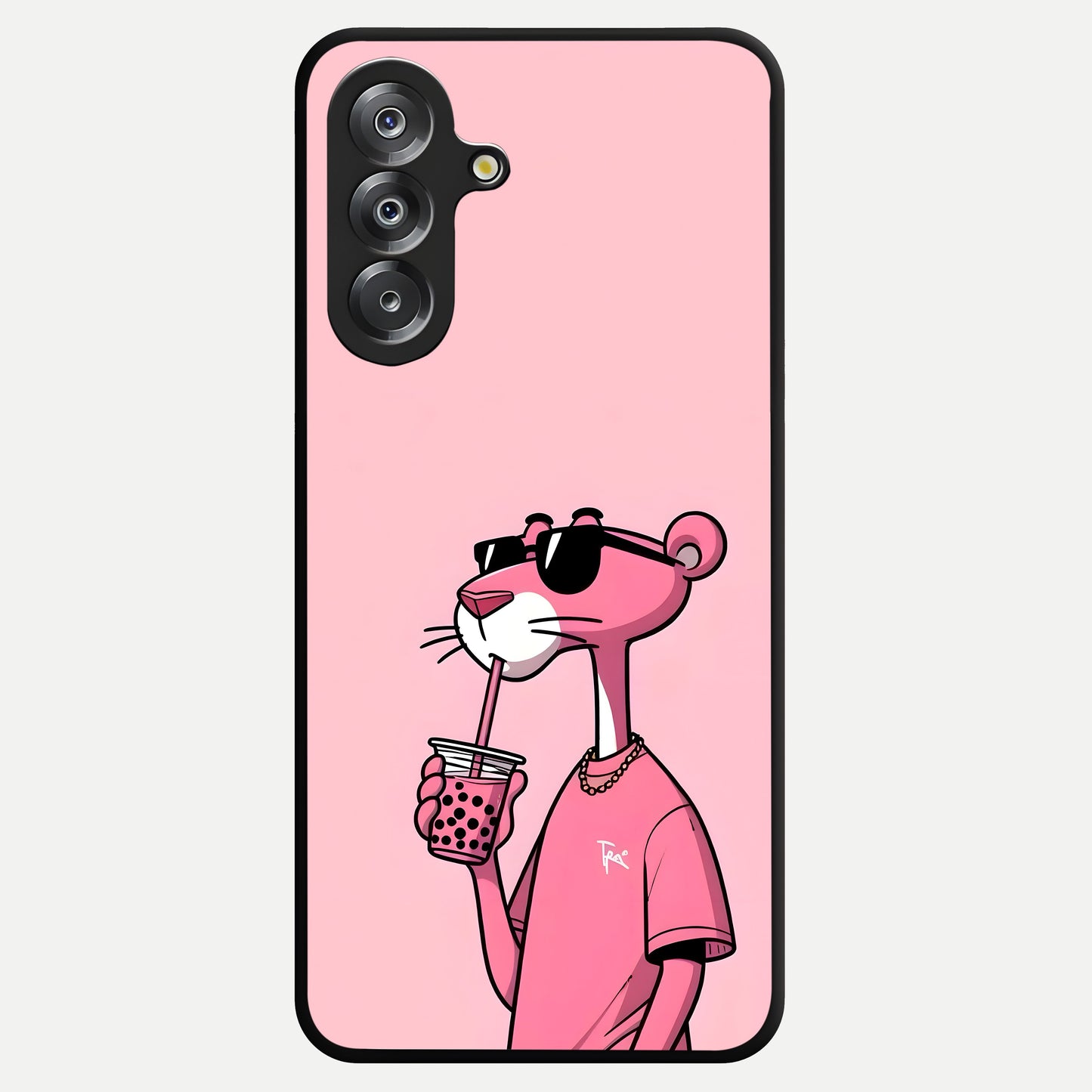 Pink Panther Glass Case showing flat back view with iconic pink panther artwork and glossy glass finish.