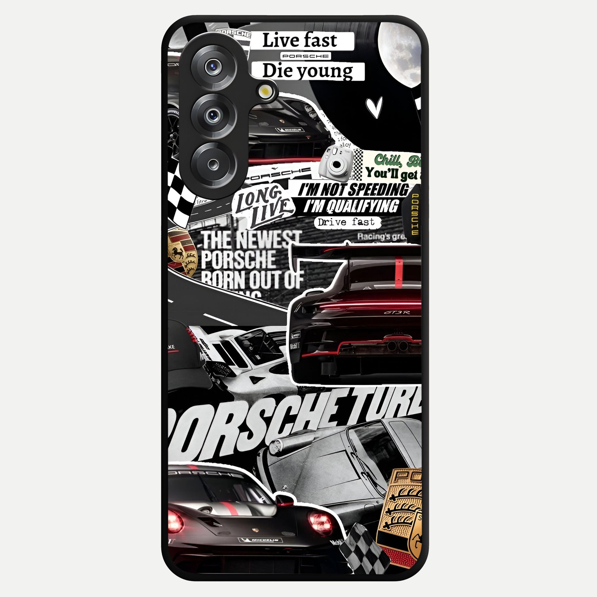 Porsche Racing Collage Glass Case showing flat back view with sports car racing collage artwork and glossy glass finish.