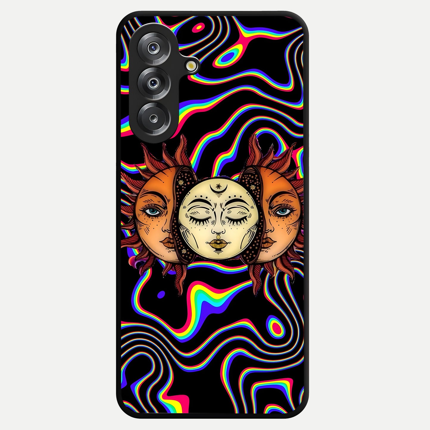 Psychedelic Sun Glass Case showing flat back view with colorful psychedelic sun artwork and glossy glass finish.