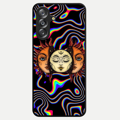 Psychedelic Sun Glass Case showing flat back view with colorful psychedelic sun artwork and glossy glass finish.