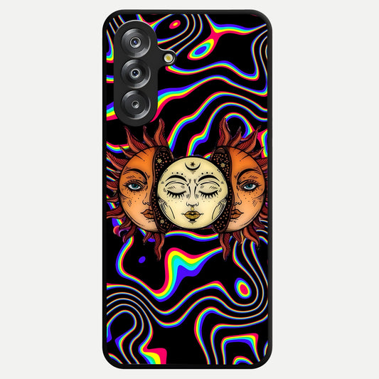 Psychedelic Sun Glass Case showing flat back view with colorful psychedelic sun artwork and glossy glass finish.