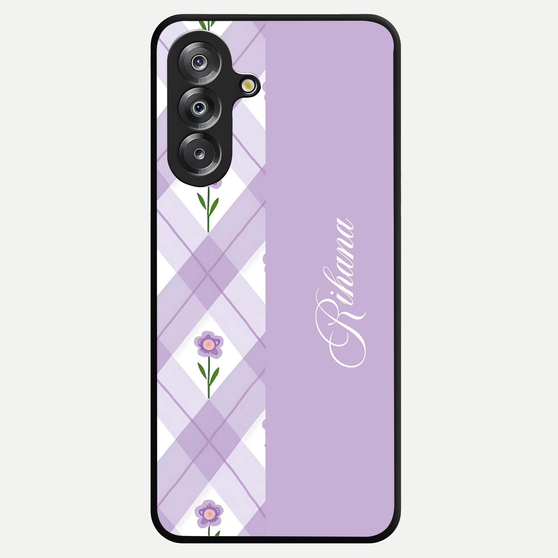 Purple Diamond Floral Glass Case showing flat back view with diamond shaped floral artwork and glossy glass finish.