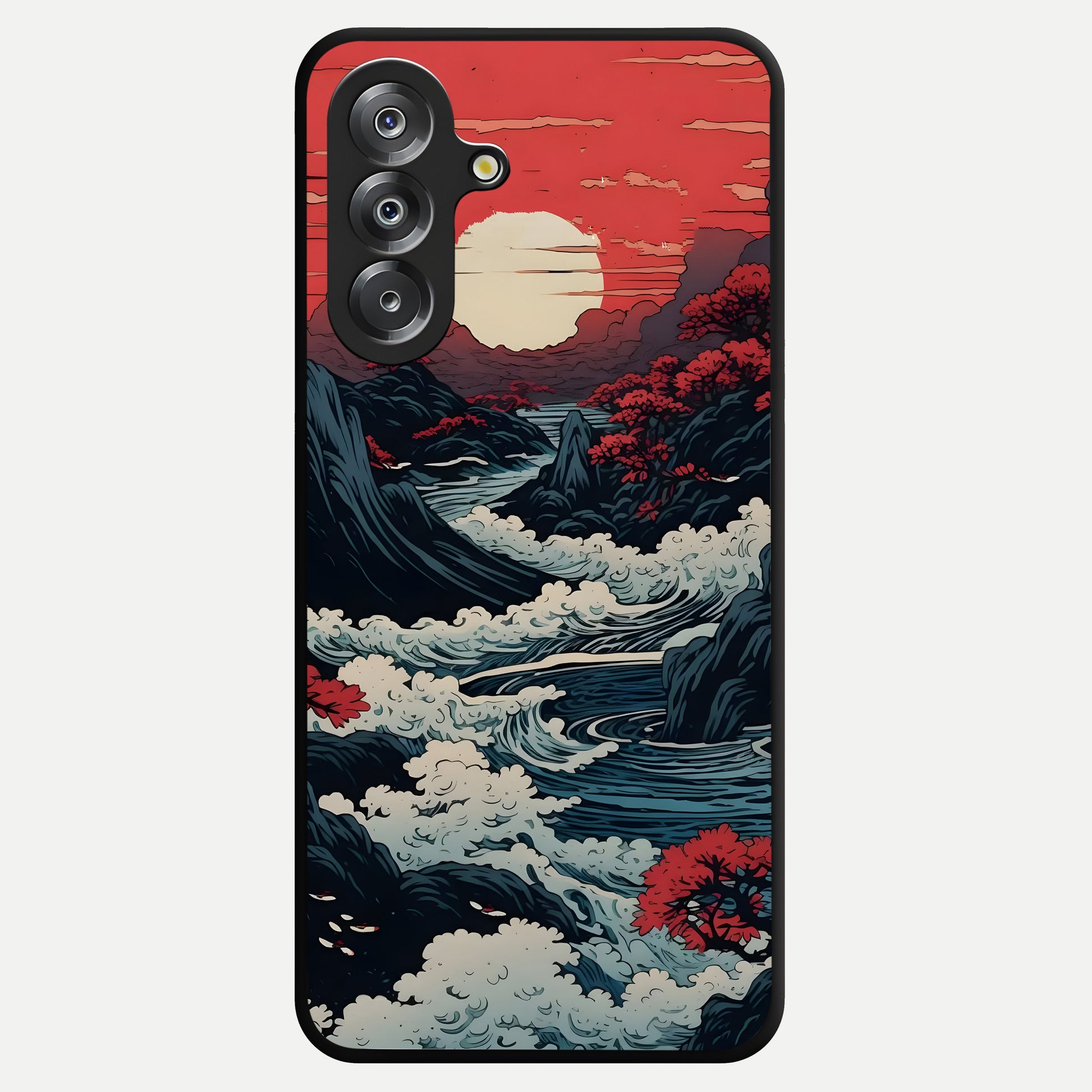 Red Sunset Scenery Glass Case showing flat back view with vibrant sunset landscape artwork and glossy glass finish.