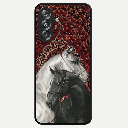 Regal Stallion Tapestry Glass Case showing flat back view with majestic horse tapestry artwork and glossy glass finish.