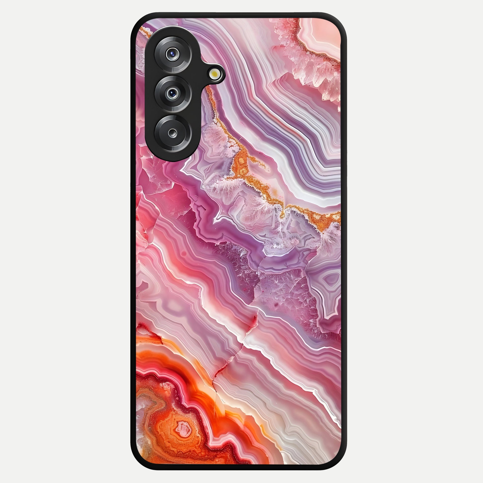Rose Quartz Marble Glass Case showing flat back view with pink marble quartz texture artwork and glossy glass finish.