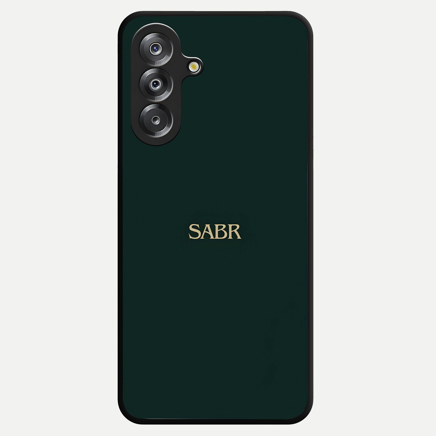 Sabr Minimal Patience Glass Case showing flat back view with minimalist typography artwork and glossy glass finish.
