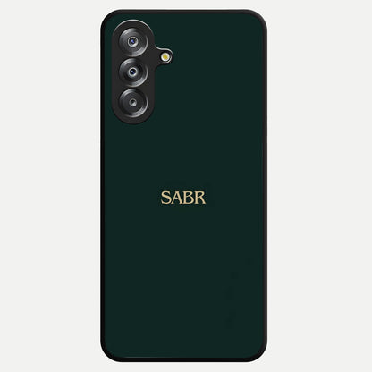 Sabr Minimal Patience Glass Case showing flat back view with minimalist typography artwork and glossy glass finish.