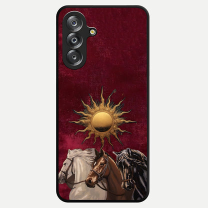 Solar Riders Glass Case showing flat back view with dynamic rider themed artwork and glossy glass finish.