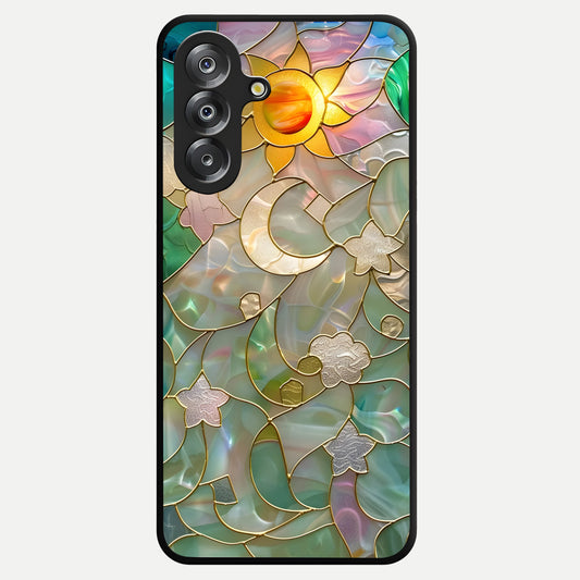 Stained Sunrise Glow Glass Case showing flat back view with glowing sunrise stained pattern artwork and glossy glass finish.