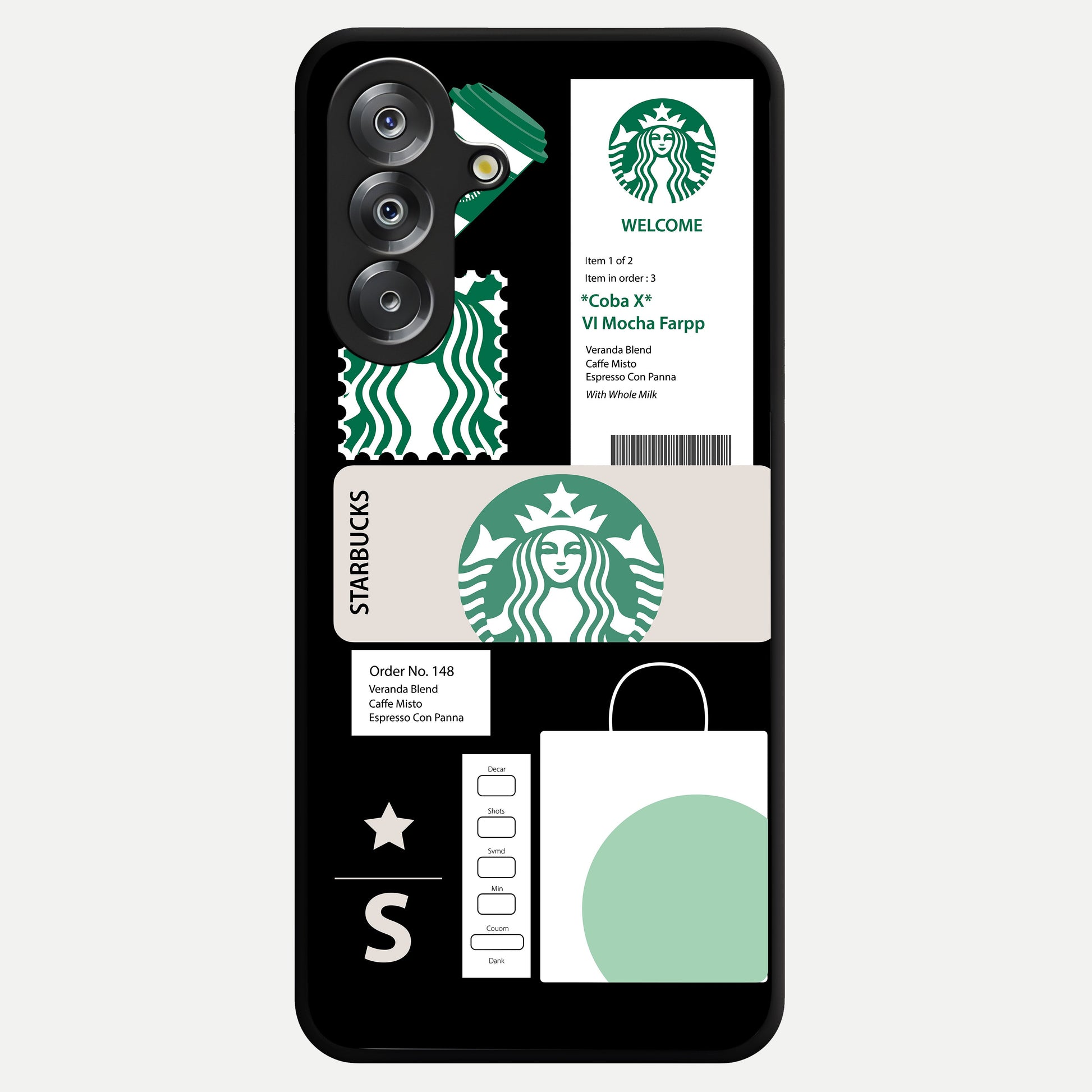 Starbucks Mocha Glass Case showing flat back view with coffee inspired artwork and glossy glass finish.