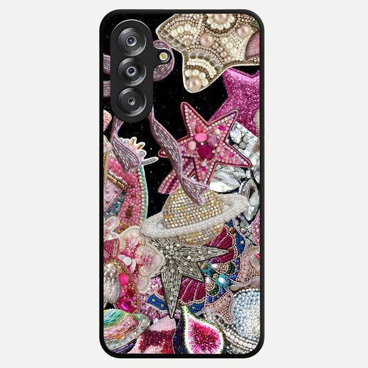 Starlit Jewel Dream Glass Case showing flat back view with sparkling jewel and star themed artwork and glossy glass finish.