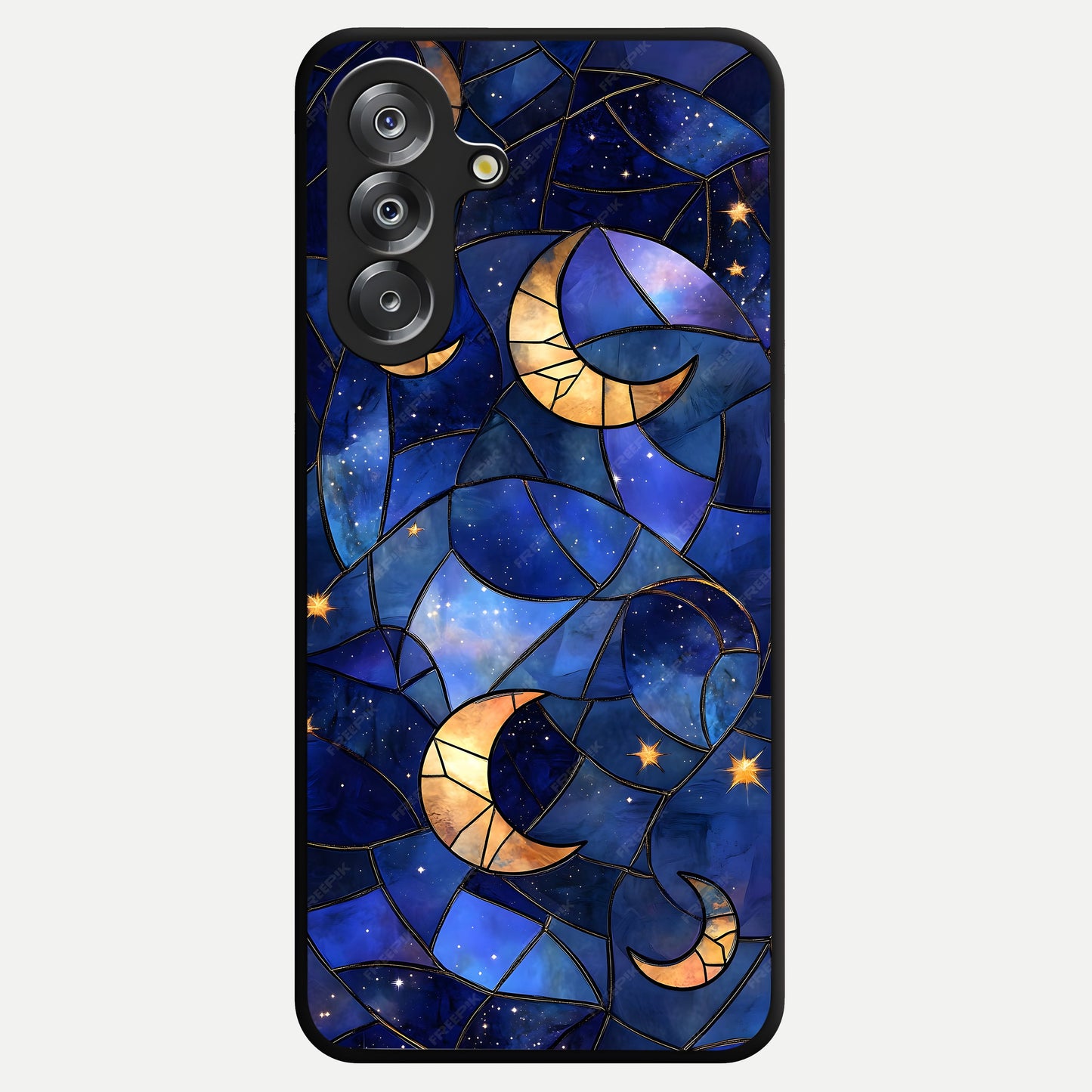 Starlit Sky Tapestry Glass Case showing flat back view with decorative starry sky tapestry artwork and glossy glass finish.