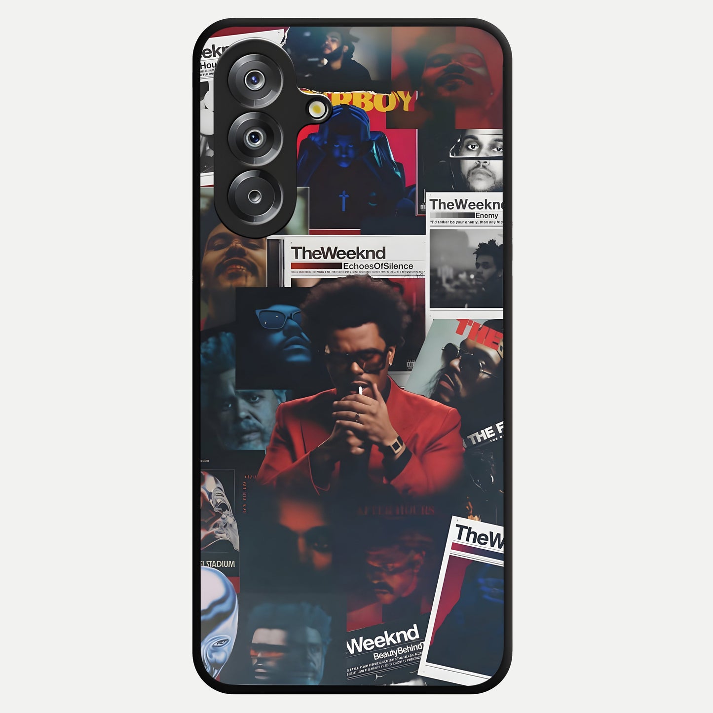 The Weeknd Glass Case showing flat back view with music inspired artistic portrait artwork and glossy glass finish.