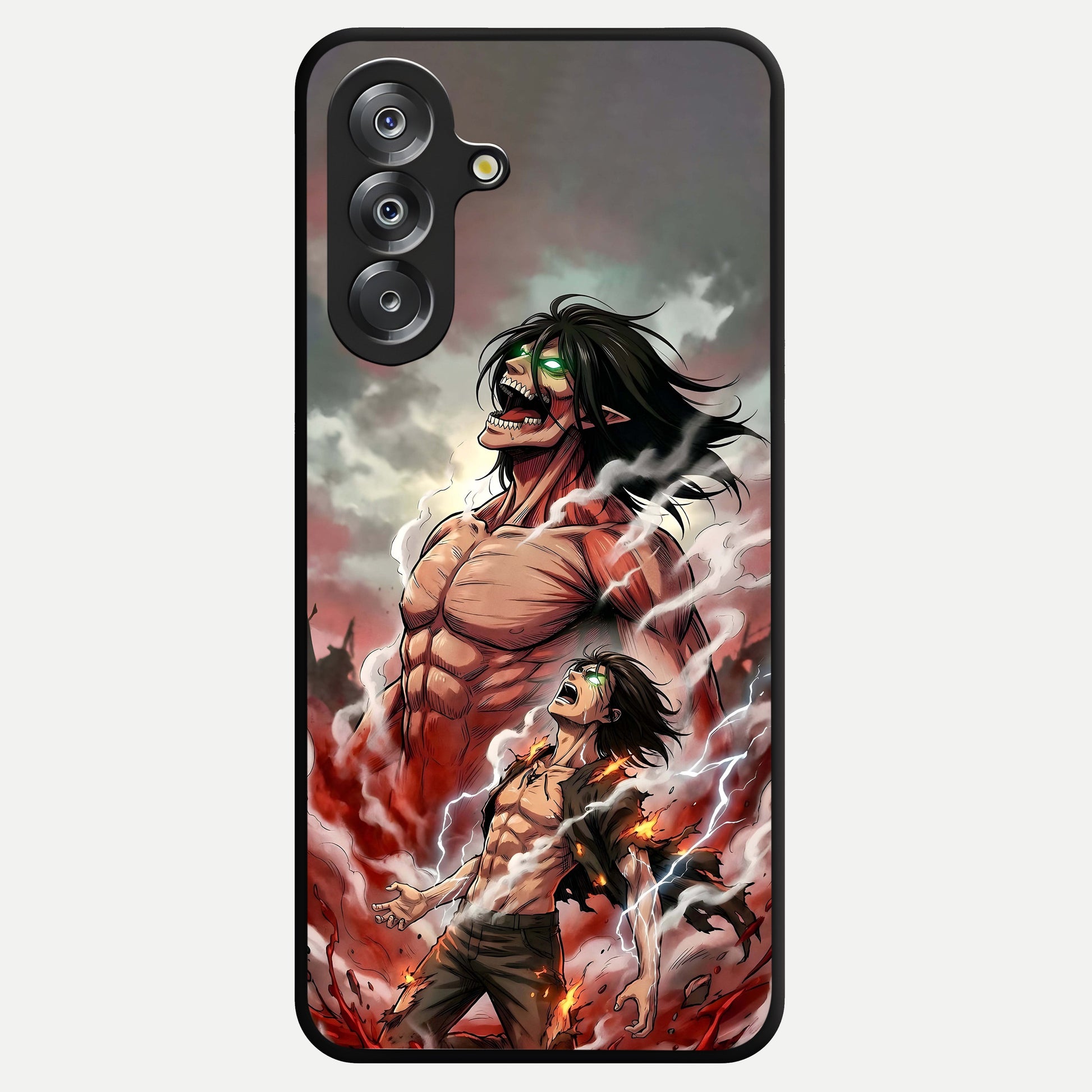 Titan Awakening Fury Glass Case showing flat back view with powerful titan inspired artwork and glossy glass finish.