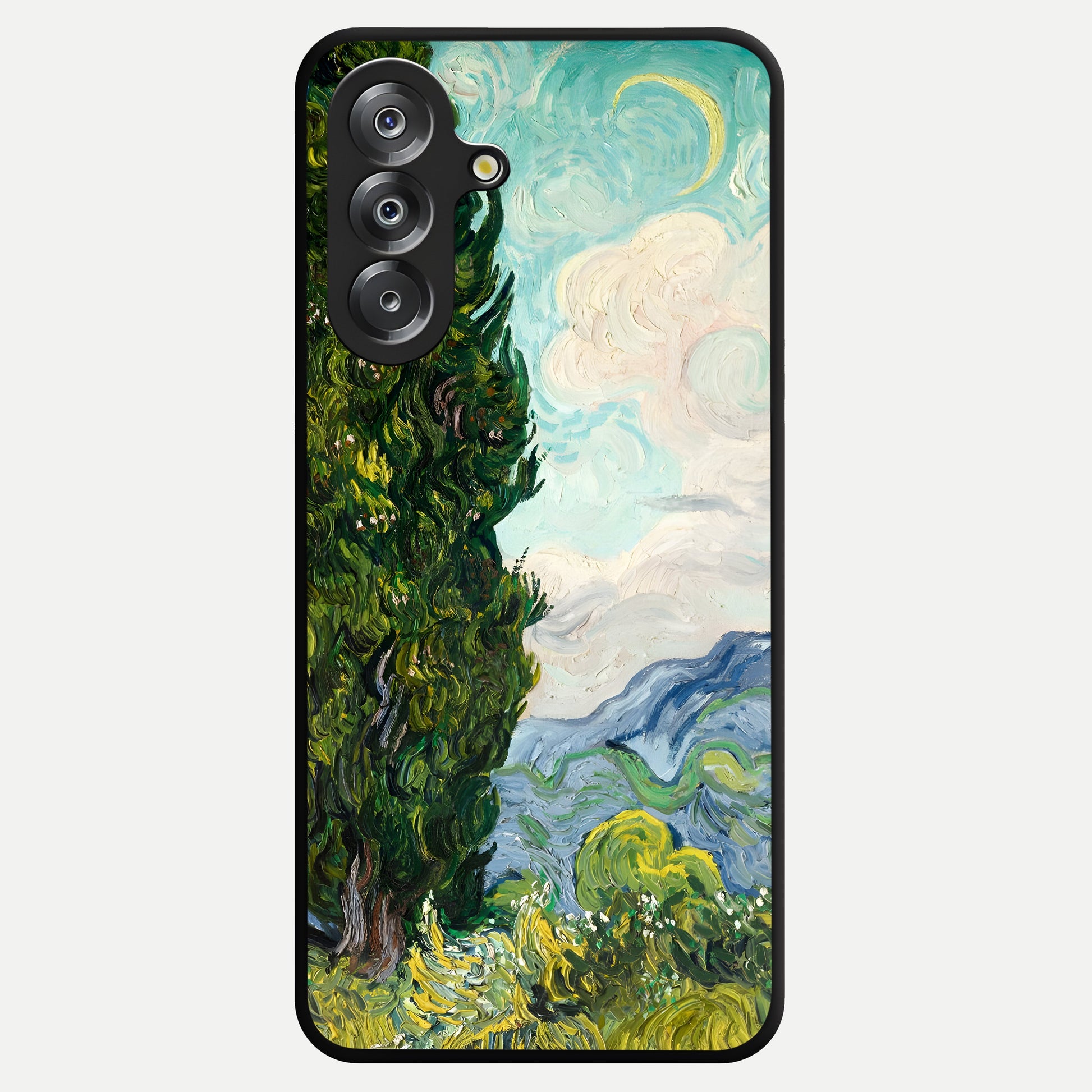 Van Gogh Vintage Art Glass Case showing flat back view with vintage painterly artwork inspired by Van Gogh style and glossy glass finish.