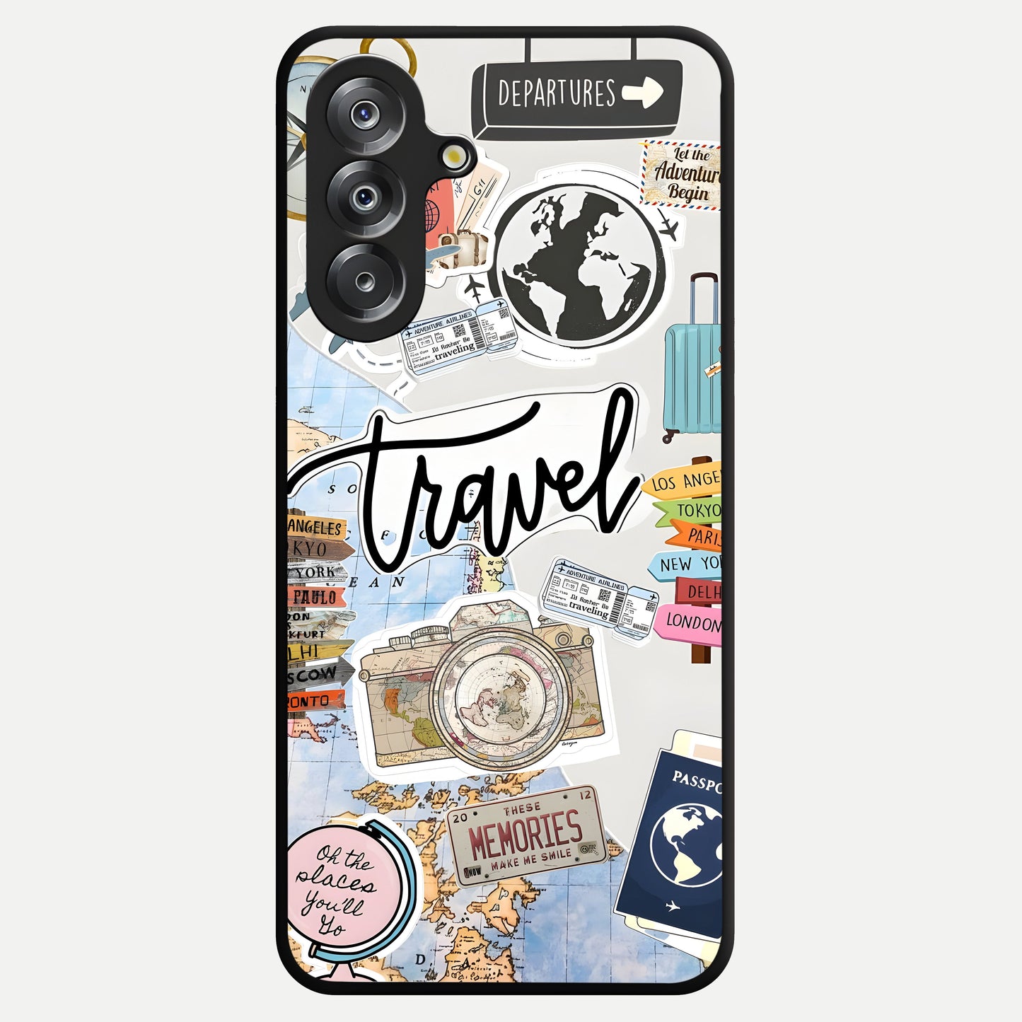 Wanderlust Journal Glass Case showing flat back view with travel inspired artwork and glossy glass finish.