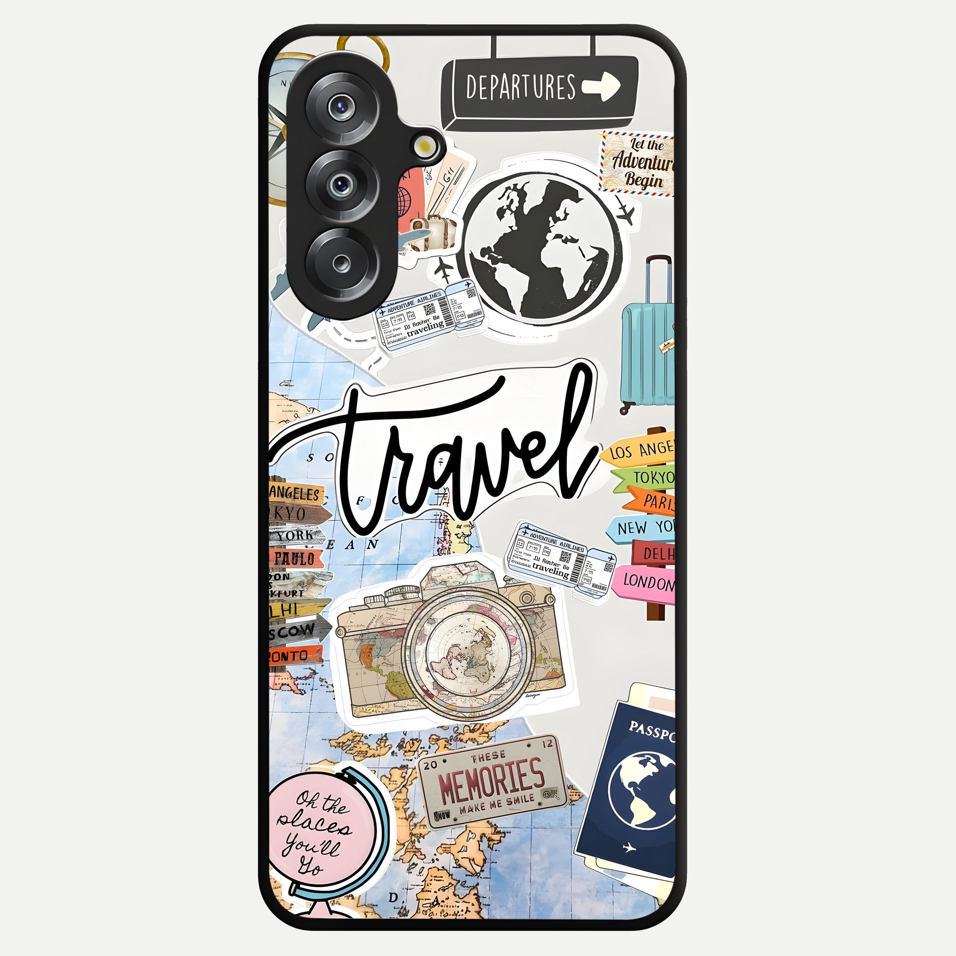 Wanderlust Journal Glass Case showing flat back view with travel inspired artwork and glossy glass finish.