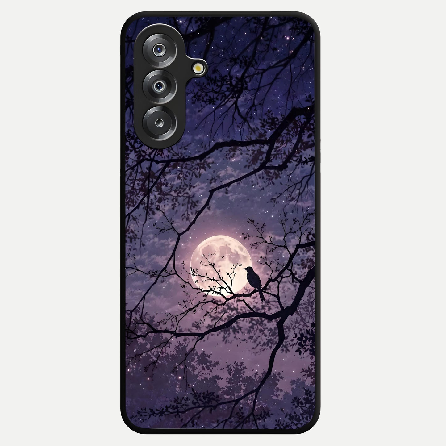 Whispering Moon Silence Glass Case showing flat back view with serene moon themed artwork and glossy glass finish.