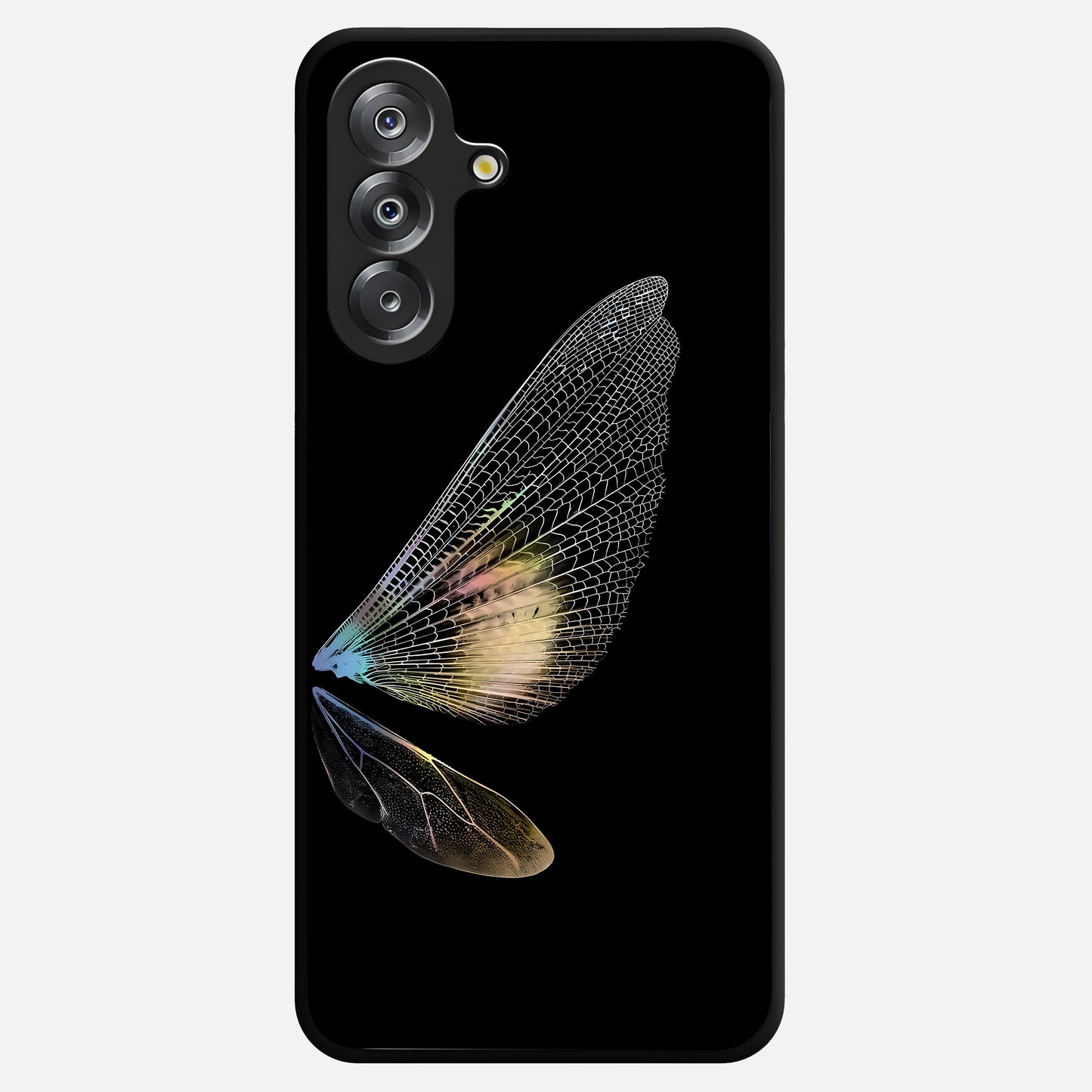 Whispers Of Wings Glass Case showing flat back view with graceful wing inspired artwork and glossy glass finish.