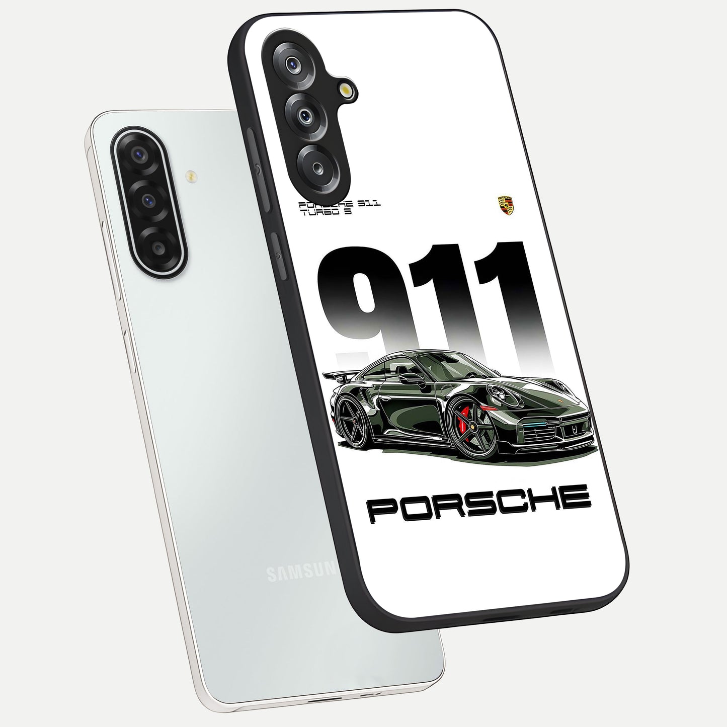 911 Turbo Dominance Glass Case displayed in premium angled mockup highlighting sporty car illustration and sleek glass surface.