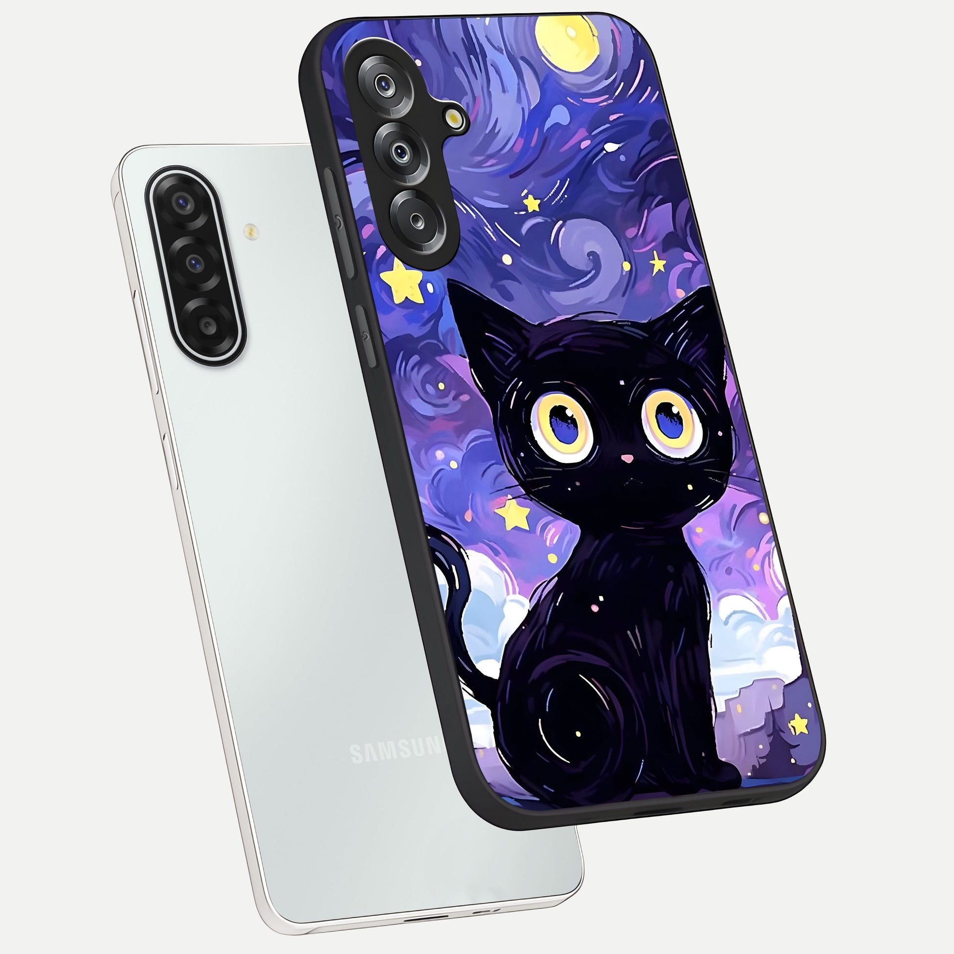 Abstract Cat Art Glass Case displayed in angled mockup highlighting modern abstract cat artwork and sleek glass surface.